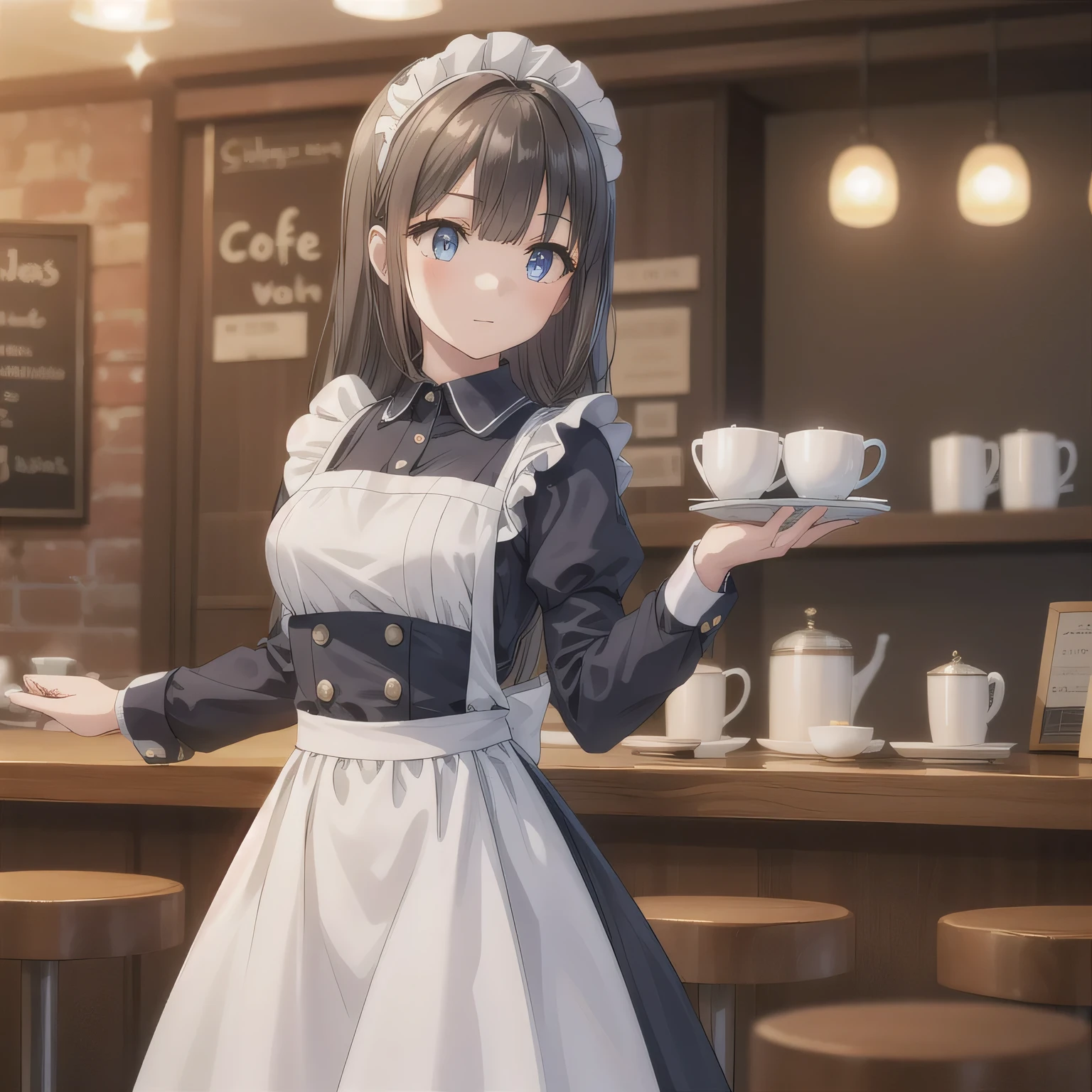 A girl is working as a waitress in a cozy cafe. She's wearing a classic maid outfit. The air feels warm and calm, and it's like you can almost smell the coffee through the picture. Long hair, dark hair, blue eyes.