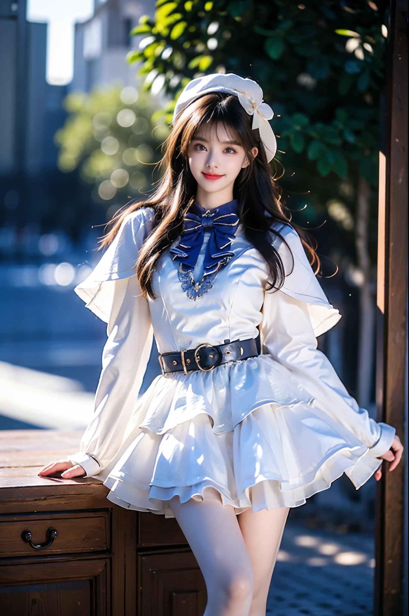 (8k), (highest quality: 1.2), (Realistic), (Realistic: 1.37), Ultra-high resolution, 1 girl, cute, A shy smile, Blushing,Mouth closed, Peach-colored lips,Beautiful details, Beautiful Nose, Beautiful black hair, bangs,Twin tail hair,(Pink cat ears headband:1.2),Giant Dulcefo,University Uniforms,(White knit vest:1.2),Ocher Cat Gloves,(Standing on a frozen lake in winter:1.4),(Walk with large strides:1.2),A simple blazer,Pleated skirt,(Ocher Skirt:1.3),(White pantyhose:1.4),(loafers:1),From the side,