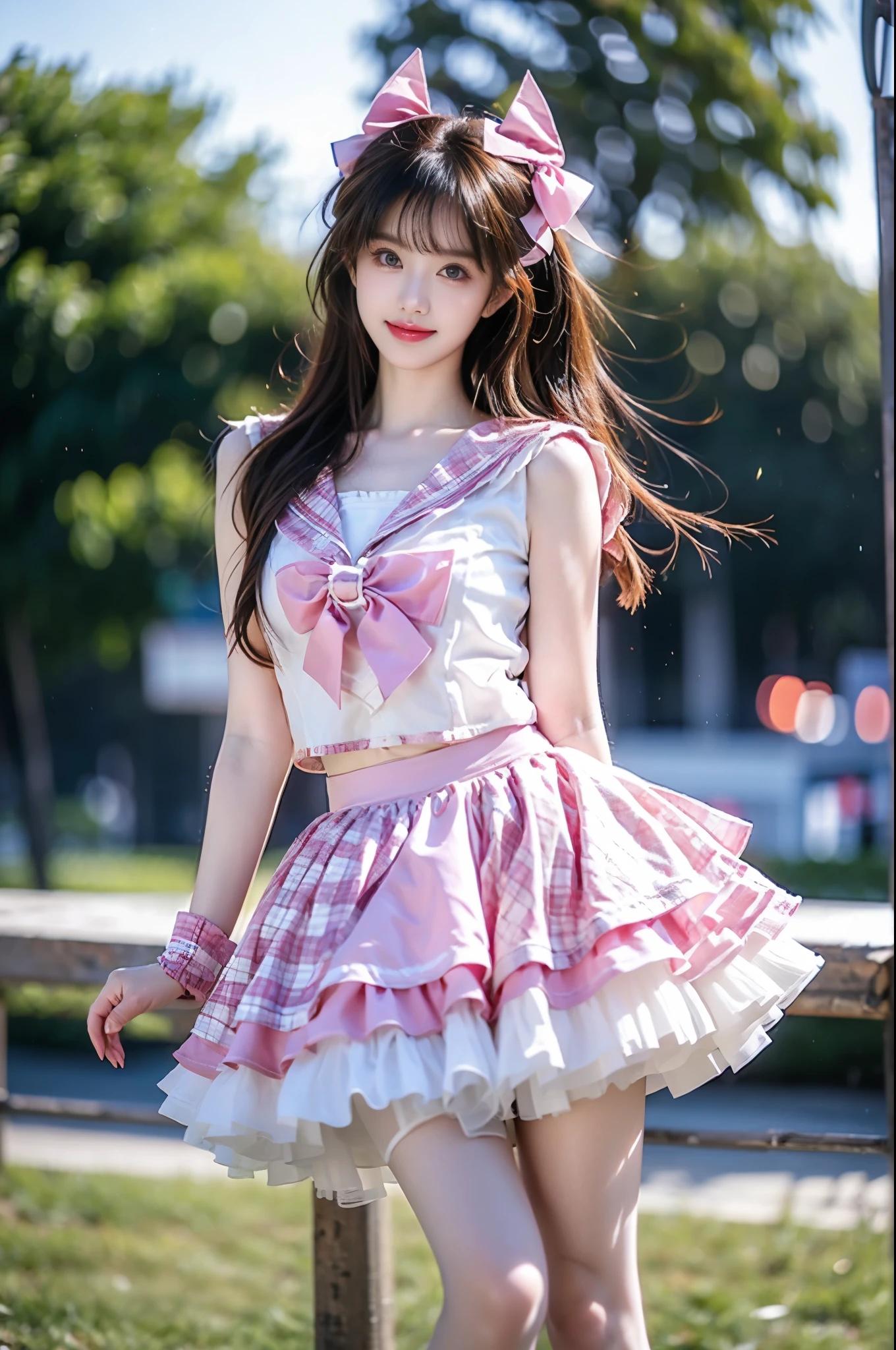 idol costume, cyb skirt, cyb shirt, plaid skirt, idol, wrist cuffs, bow, sailor collar, frilled skirt, frills ,,(Masterpiece, best quality, Super high, realistic: 1.3), realistic, beautiful young woman, (Standing posture), (Big bust, deep V-neck), (Very short hemline), (Supermodel: 1.2), (perfect leg shape: 1.3), model pose, one leg straight in front of you, the other leg naturally bent, elegant poses, random scenes, random shooting angles, (delicate smile: 1.1), (Depth of field: 1.3) 0.8), Bokeh: 0.8), aesthetic, romantic atmosphere, soft lighting, dreamlike, cinematic lighting, beautiful, gorgeous, intricate details, sharp focus
