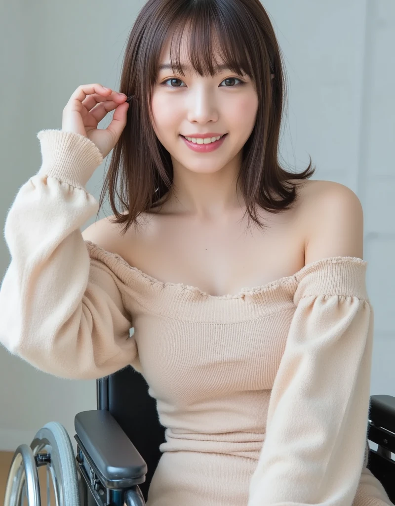 Light blue knitted dress, sofa, livingroom, Smile, Brown hair, shoulder-length hair, White wall background, Very white skin