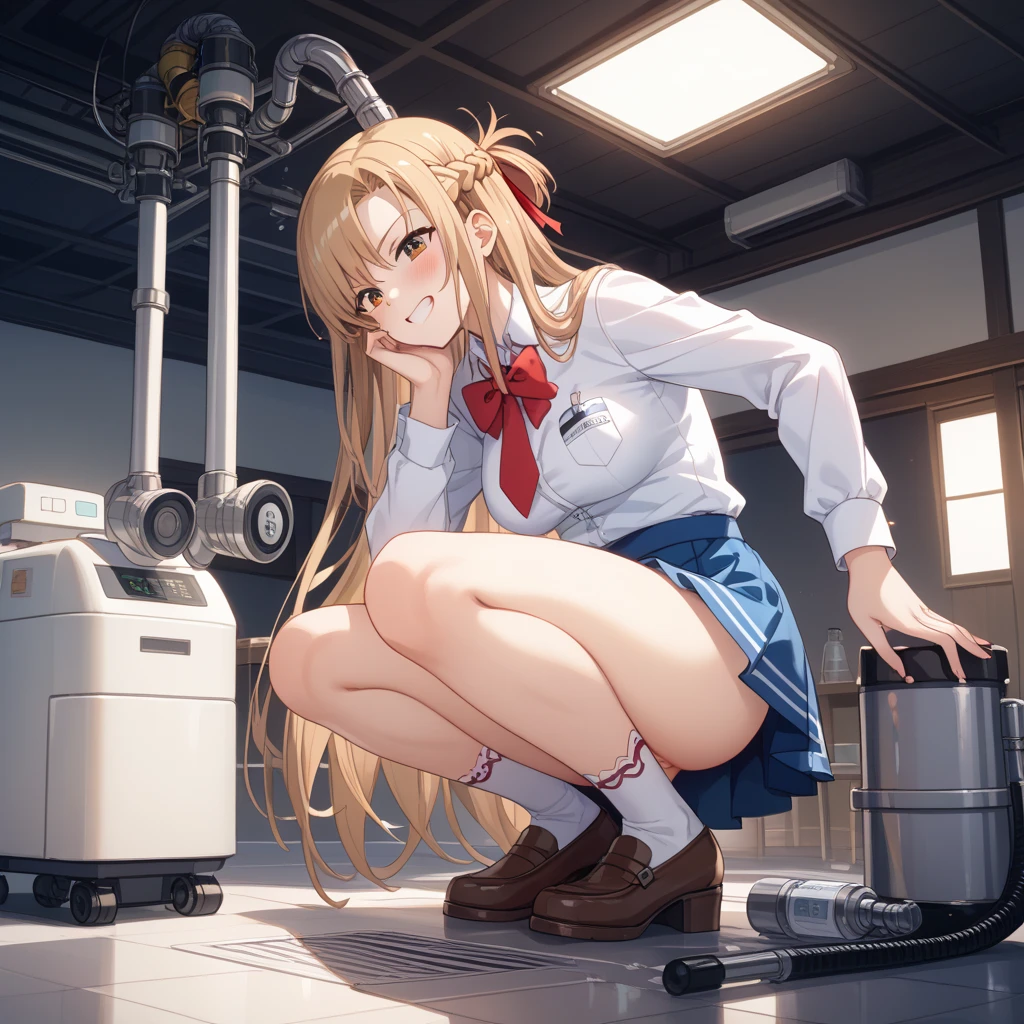 1boy, 1girl、 girl with, a blond, (Half Twin Tail), vacuum cleaner、{{{suck the penis with vacuum cleaner:1.5}}}, , hold on nozzle, from below、vacuum cleaner、from front,naughty smile,disgusting,disdaining,open mouth,disgusted face, pov, 1boy, 1girl, penis,cum
