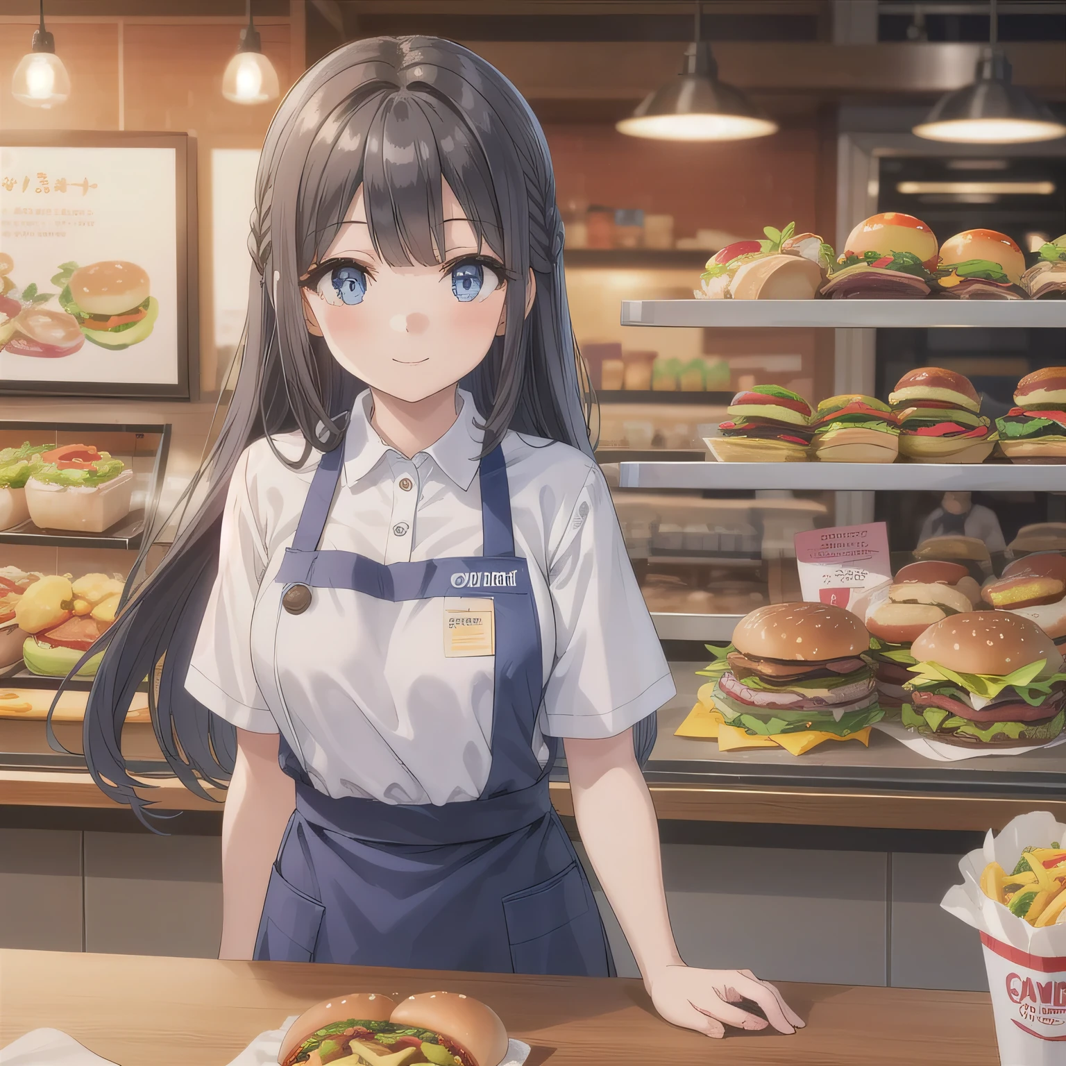 She is a cheerful girl working behind the counter at a cozy burger shop. She is wearing a cute burger shop uniform and smiling warmly at the customers. The background shows a bright and clean fast food counter with menu boards. Long hair, dark hair, blue eyes.