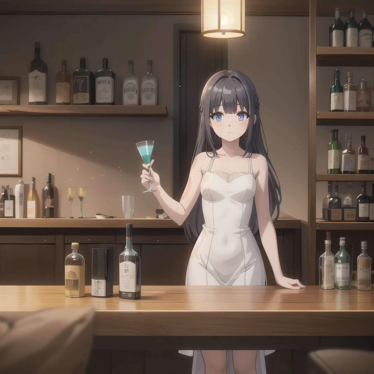 A 2D anime-style illustration. The scene is set inside a dimly lit, cozy Japanese "snack" bar. The lighting is soft and warm, with gentle shadows creating a relaxed, moody atmosphere. Bottles of liquor line the shelves behind the bar, and small round tables are scattered throughout the room. A young woman is standing near a table, wearing a stylish, slightly sexy dress commonly seen in such bars — like a fitted cocktail dress with soft fabrics and subtle glitter. She looks elegant and approachable. The focus is on the warm mood and ambient light. No text in the image. Long hair, dark hair, blue eyes.