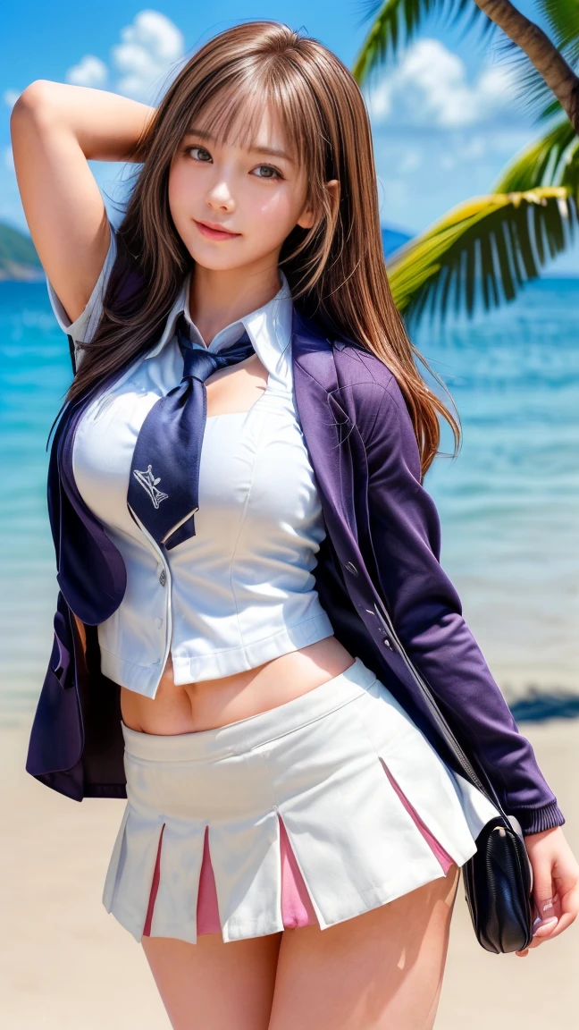 ((((top-quality))))、(((Ultra Precision CG16K Wallpapers)))、(((​masterpiece)))、(((ultra-detailliert)))、(((Ultra-extreme details)))、１Man Woman、a matural female、a 22yo woman、((Japanese face))、((extremely beautiful face))、((sasaki nozomi:1.5))、((Wave Perm、semi long hair:1.3))、(shinny hair)、Bangs up to the eyebrows、Beautiful brown hair、Beautiful delicate eyes、Brown eyes、raised eyebrows、lofty nose、small nostrils、seductive lips、slightly open mouth、Beautiful gigantic cleavage breasts、C-cup size breasts、cleavage of the breast、Plump body、perfectly proportions、perfect anatomia、perfect-composition、beautiful detailed shading、Beautiful natural lighting、Beautiful detail glow、depth of fields、(((a high chroma)))、(((realisitic:1.9)))、((Vivid:1.4))、((Beautiful skin))、((Skin texture))、((Realistic skin feeling))、(((Head-to-thigh shot:1.5)))、((Frontal angle:1.3))、((a smile:1.3))、(Eyes looking at me)、Bright sunshine、(((Walking in the park:1.3)))、(Blur the background)、(((Wearing a stadium jacket with belly button exposed、Wearing a white pleated mini skirt:1.5)))、(a necklace)、((2 arms))、