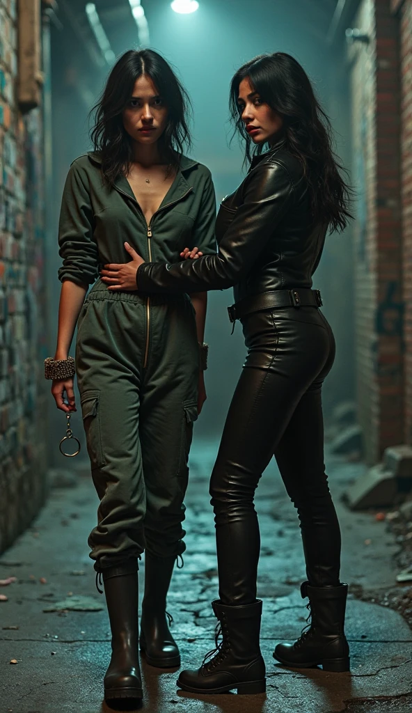 Beautiful woman, medium dark long hair, big chest. black sunglasses, black clothes, rivets, only one person, walking, in the ruins