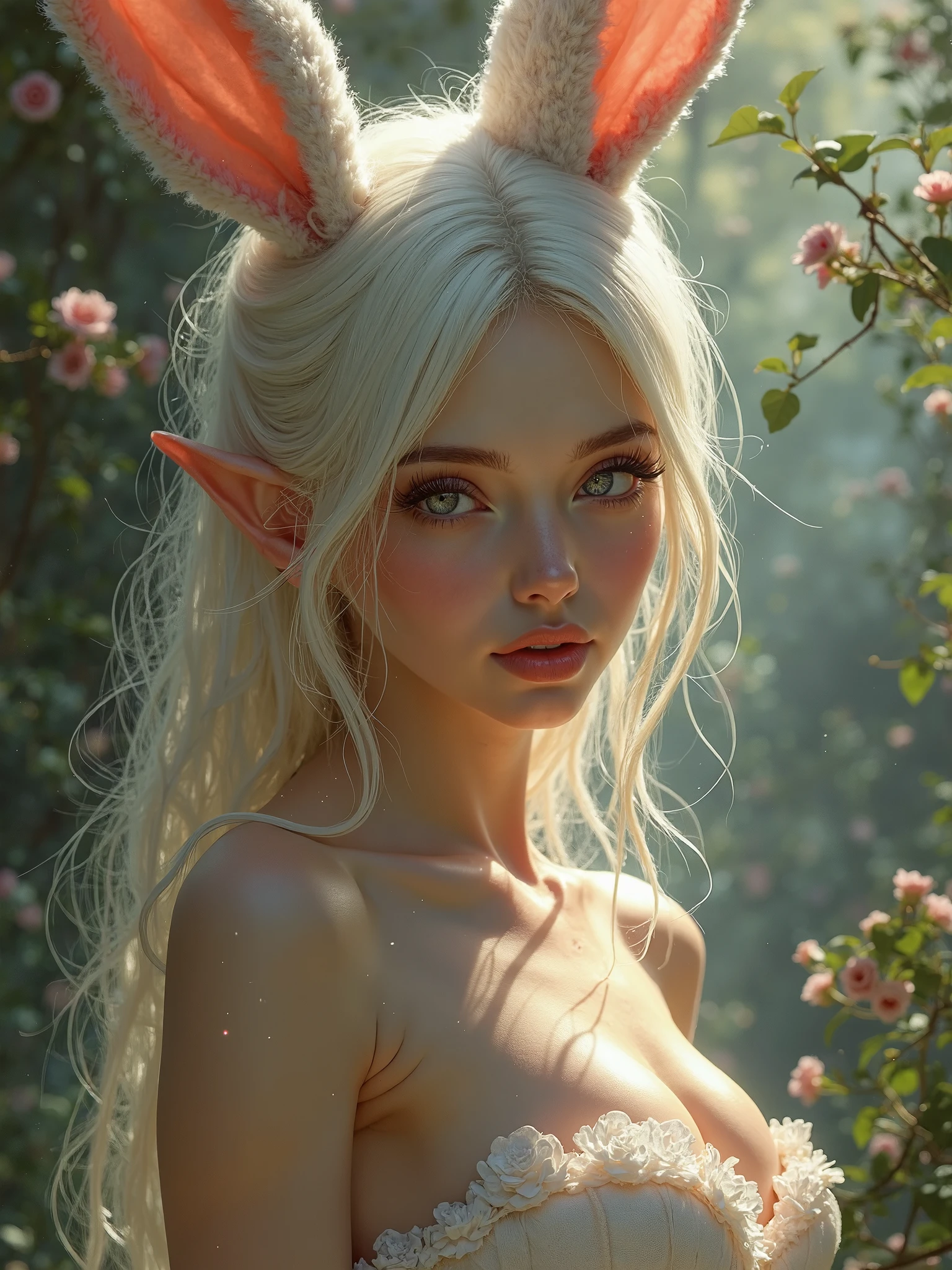A guy with long white hair, fox ears and a tail is sitting naked among green plants