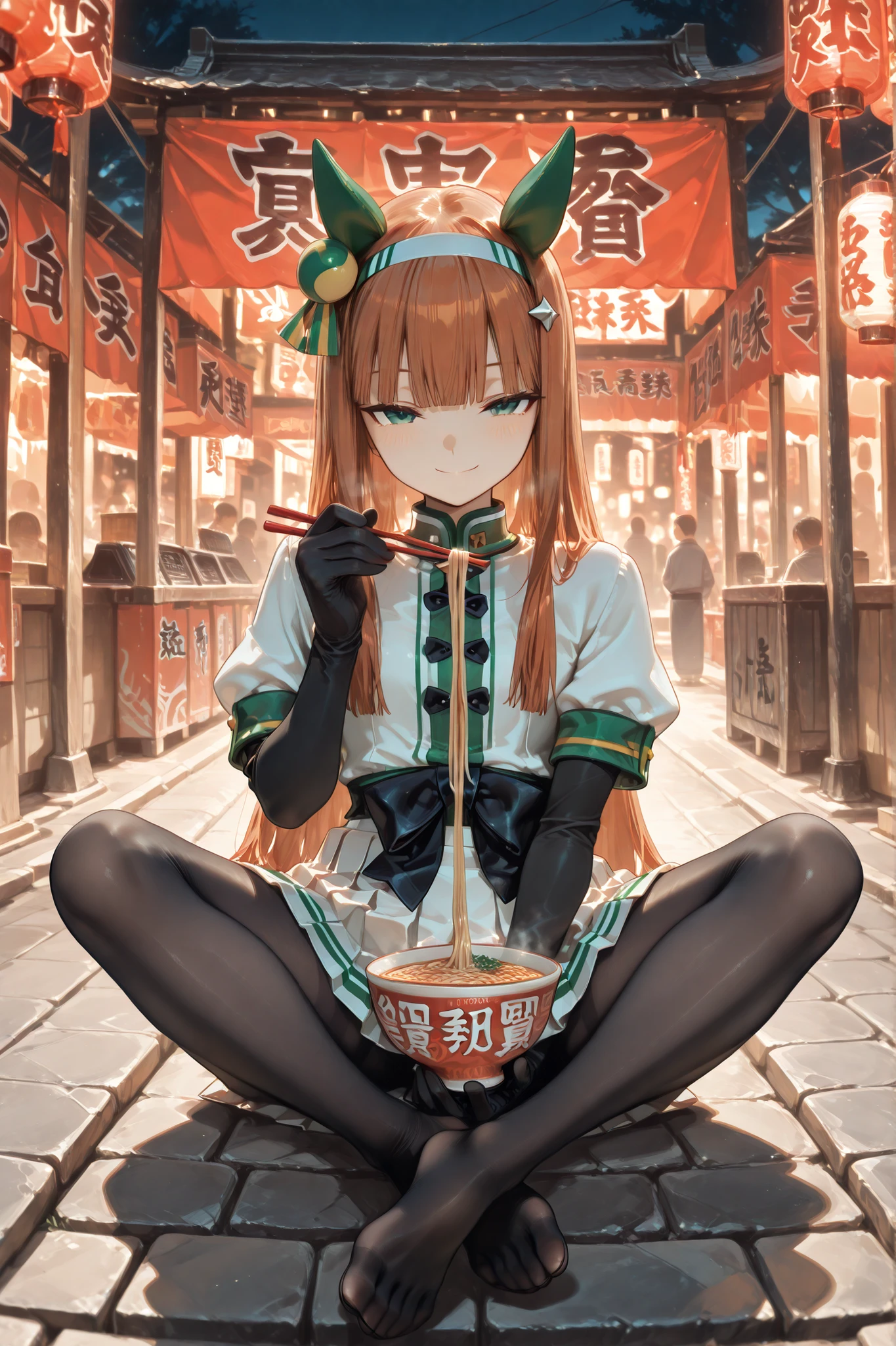 masterpiece, top quality, seductive pose, full body wide angle, smile, (is sitting:1.1) ,Ichiraku Ramen, ( When I eat ramen :1.0), holding chopsticks and ramen bowl, Slurp the noodles,, Silence Suzuka (Uma Musume), black gloves, white skirt, pleated skirt, black pantyhose, Layered sleeves, Puffy Short sleeves, short sleeve to wear over long sleeve, black bow, Festival,