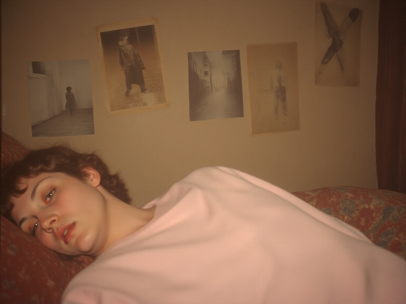 <lora:Alec Soth style:1>Alec Soth style - Create a portrait photograph that mimics Alec Soth's style in Sleeping by the Missisippi. The photography should be taken by a large format camera with Kodak Portra 400 film. The photograph describes the scene seen by the hero in Solaris (a science fiction) when he first woke up in the star. His girl friend was alived, sitting on a chair. And there is a window, from which one can see the red sea and red sky. The colors should not be too saturated.