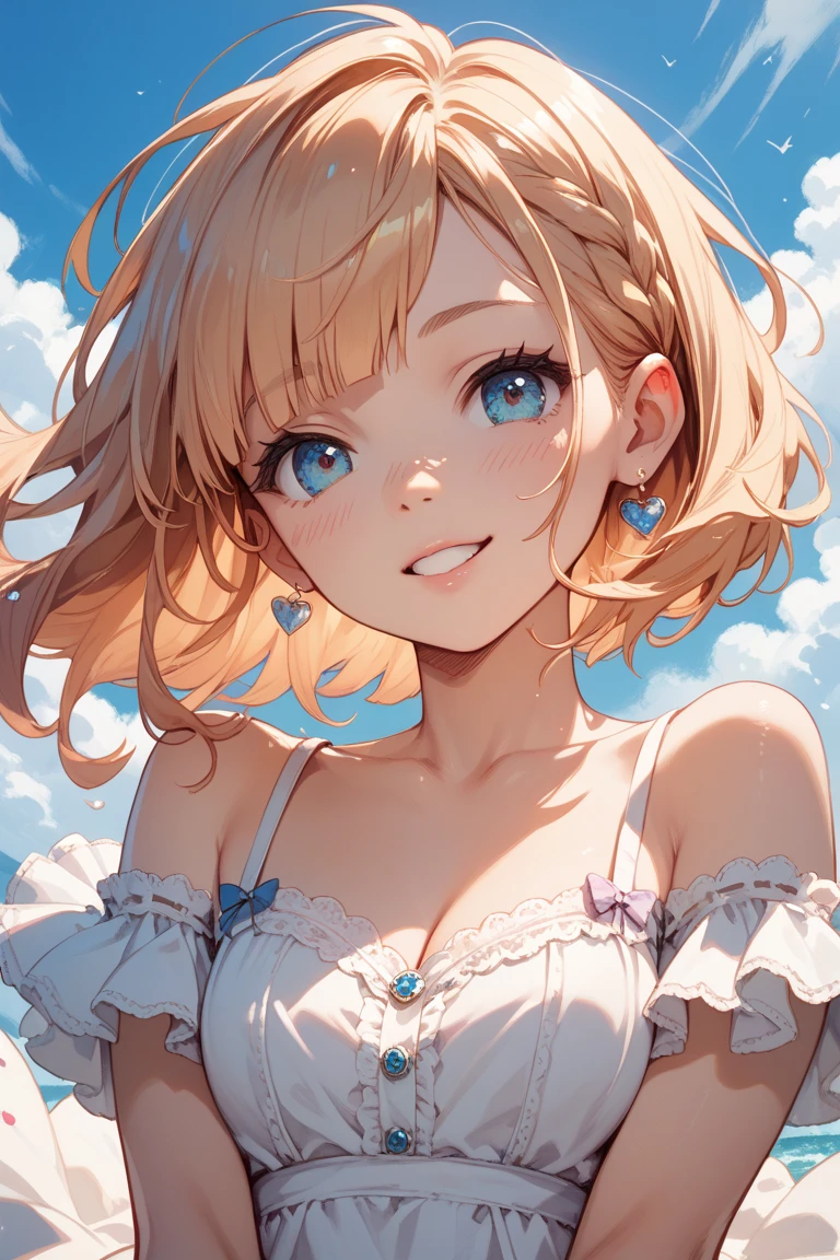 (masterpiece, Highest quality:1.2), (High resolution, Abstract:1.1), Super detailed, One girl, Cute pose, camisole, Off the shoulder, Lips parted, smile, blush, Create an attractive and inviting posture, Large Breasts, Cleavage, , Browsing Caution,Leaning forward、