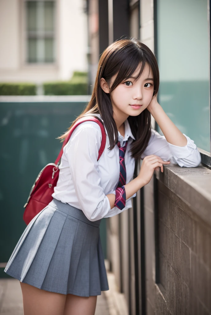 arafed asian woman sitting on steps with a backpack and backpack, japanese school uniform, wearing japanese school uniform, japanese girl school uniform, realistic young gravure idol, young pretty gravure idol, young gravure idol, cute schoolgirl, of a schoolgirl posing, a hyperrealistic schoolgirl, young sensual gravure idol, the anime girl is crouching