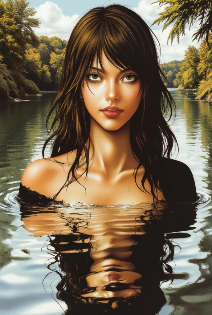 A beautiful, naked girl in a steaming hot spring surrounded by a wild jungle, her long black hair flowing in the water vapor, a sensual and erotic scene inspired by the art of Bill Sienkiewicz, masterfully rendered in the style of an oil painting, (best quality,4k,8k,highres,masterpiece:1.2),ultra-detailed,(realistic,photorealistic,photo-realistic:1.37),extremely detailed eyes and face,longeyelashes,beautiful detailed lips,beautiful detailed eyes,solo female,sensual,erotic,lascivious,nude,hot spring,jungle,water vapor,long black hair,oil painting,Bill Sienkiewicz