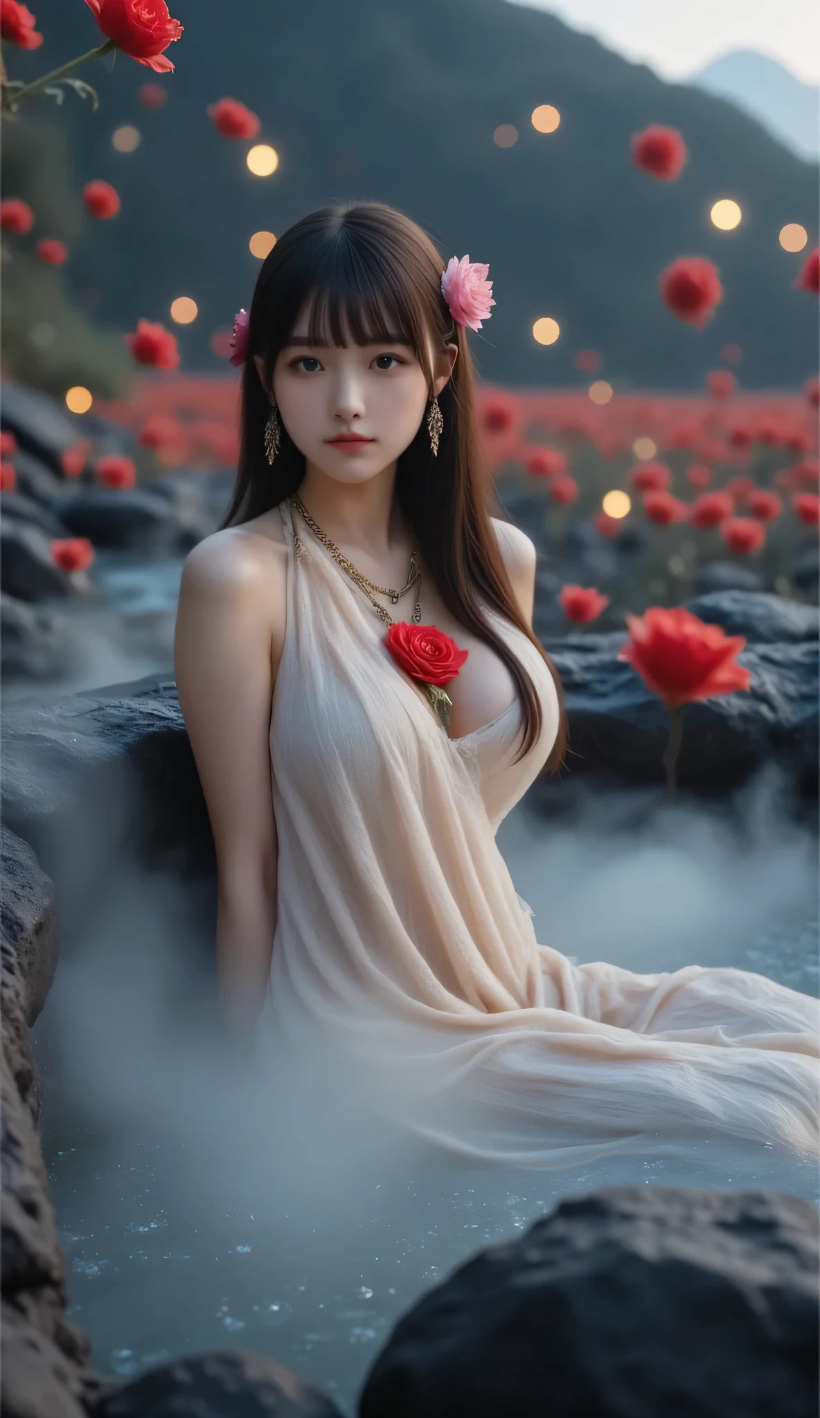 A radiant young Russian woman, 18–20, bathing in a mystical hot spring atop a dormant volcano. Her upper half rests calmly above the bubbling mineral-rich water. Steam rises thickly around her. She wears a flowing, ancient celestial outfit with glowing embroidery. Red and pink roses float around her. The background is dramatic: dark volcanic rocks, small lava streams glowing in the distance, and magical orbs floating mid-air, blending danger with divine peace.
Style keywords: fantasy volcanic landscape, hot spring goddess, epic cinematic glow, mystical atmosphere, ultra-detailed realism