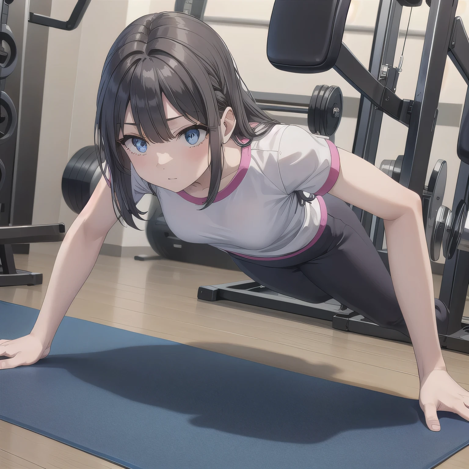 A person doing a plank exercise on a mat in a fitness gym, minimal equipment, bright interior. Long hair, dark hair, blue eyes.