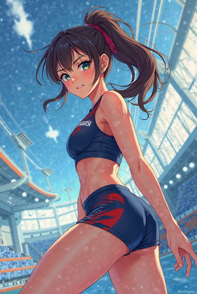 highest quality、Nice sexy body、One Woman、solo、(Beautiful busty woman:1.5)、Medium hair woman、((Woman with dark red hair))、Track and field athlete、Woman wearing a red sports bra、A woman wearing red high-cut bloomers、Smiling woman、Athletics Stadium