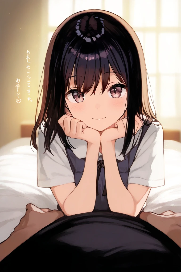 1girl, long shot, from above, full body, lying on bed, (knees together feet apart:1.1)