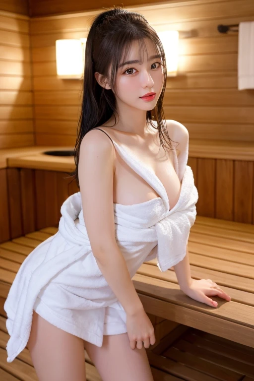 masutepiece, Best Quality, 1girl in, (a beauty girl, cosplayer:1.2), (:1.2), Very fine eye definition, (Symmetrical eyes:1.3), NSFW, (sauna, , Cover the body with steam:1.3), Beautiful breasts, Brown eyes, Parted bangs, Brown hair, Upper teeth