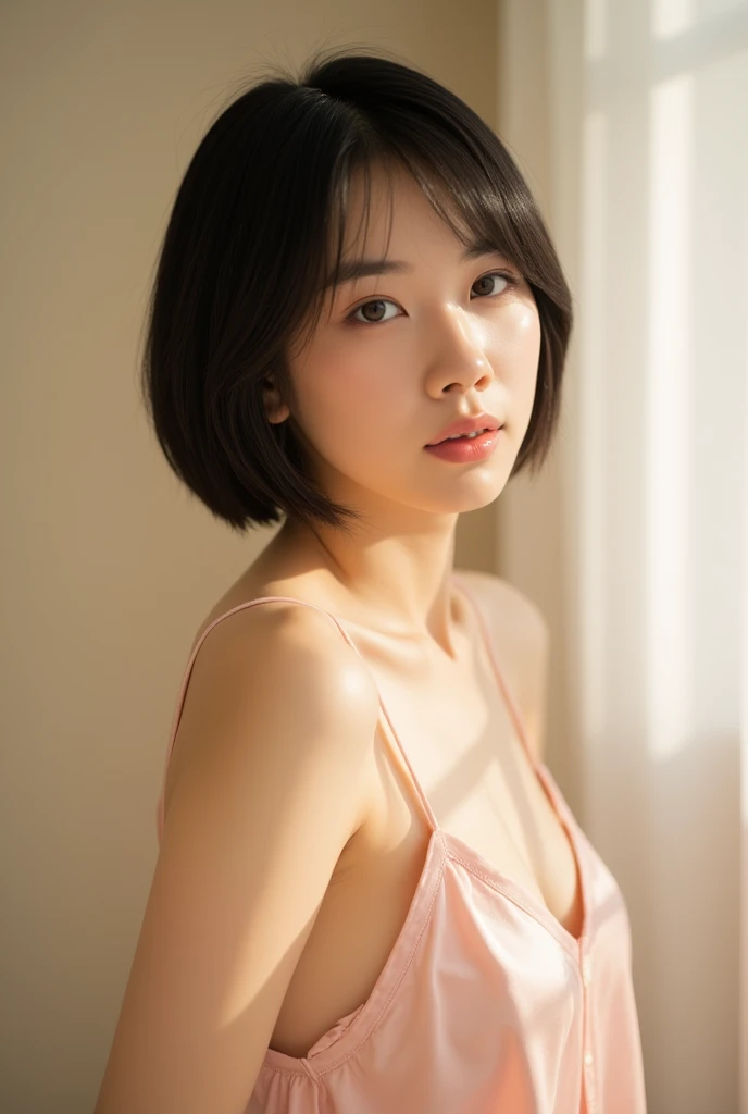 Ultra-high resolution, (Realistic: 1.4), RAW Photos, highest quality, (Realisticistic), concentrate, Soft Light, ((28 years old)), ((Japanese)), (front, Young Face))), (Written boundary depth), masterpiece, (Realistic), woman, short hair、Black Hair, Bedroom, Small breasts、Small breasts、Sleep on your back:1.5、pajamas:1.5、pajamas、whole body,no bra,