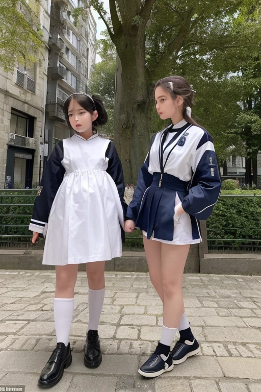 Two cute girls in sailor uniforms are tied behind their backs with ropes in a basement and made to sit on the floor.、They look at each other with anxious and frightened expressiony slender sister has straight black hair、My sister has brown hair and braids、Both of them had their hands tied behind their backs over their sailor uniforms and were forced to sit on the floor.、At the gymnasium warehouse、anatomically correct、perfectly drawn fingers、perfectly drawn limbasterpiece、