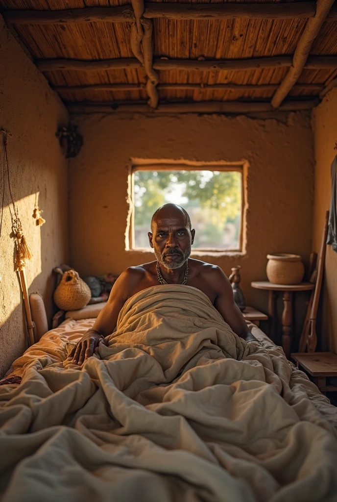 "An aged Maharana Pratap lying on a simple bed in a modest chamber, weak and visibly ill, but with a sword firmly held in his hand. His eyes are still fierce and determined, reflecting his unyielding spirit. The room is dimly lit, with traditional Rajasthani decor, and a window showing the vast Mewar landscape outside.