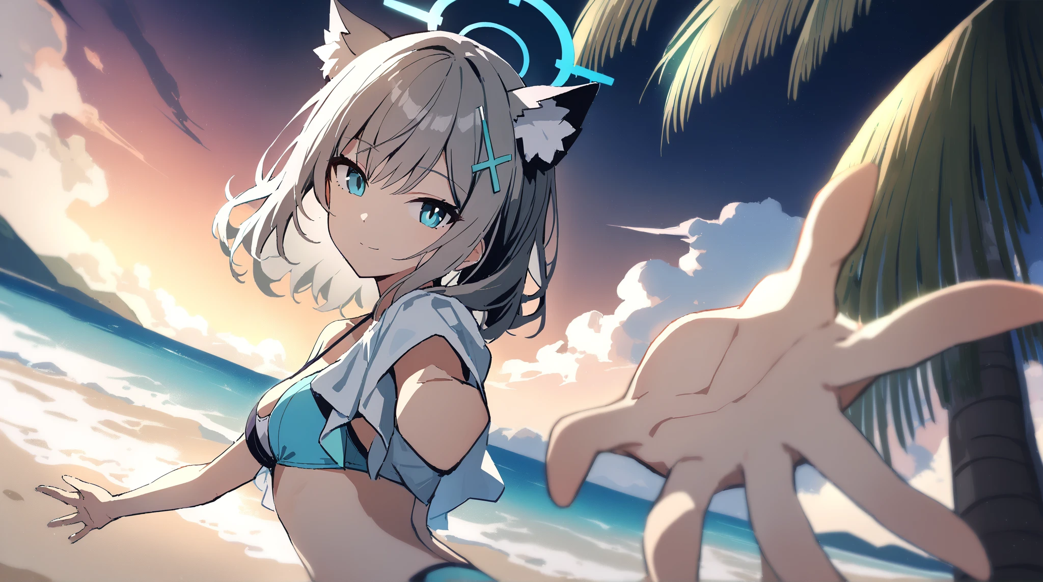 (Masterpiece), (High quality anime illustration), (Super definition), A girl, Alone, Beautiful silver hair girl, anime change, cat ear , , emphasis on the thigh, Striped bikini, SMILE, buttocks, buttocks Up, Back, South Island Sea, water, Tarot Card Wind