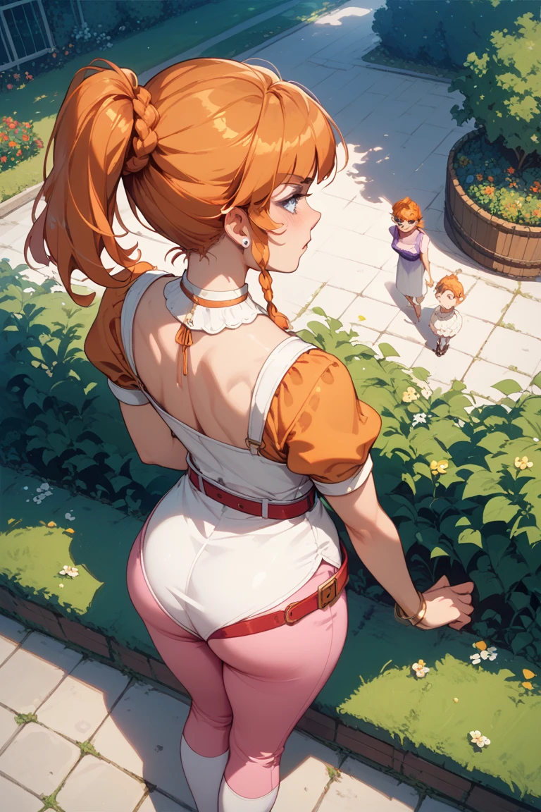 facesitting, anime style, beautiful woman, squatting on a boy lying on the ground:1.2, back view, large ass, boy lying on the ground:1.2, dominant expression, smug grin, <lora:aerith-nvwls-v1:0.8> aerith gainsborough, choker, cropped jacket, hair bow, bracelet, pink dress, hiked up dress, brown boots, looking back, dynamic angle, <lora:Facesitting-SD15-V1.1:0.5>