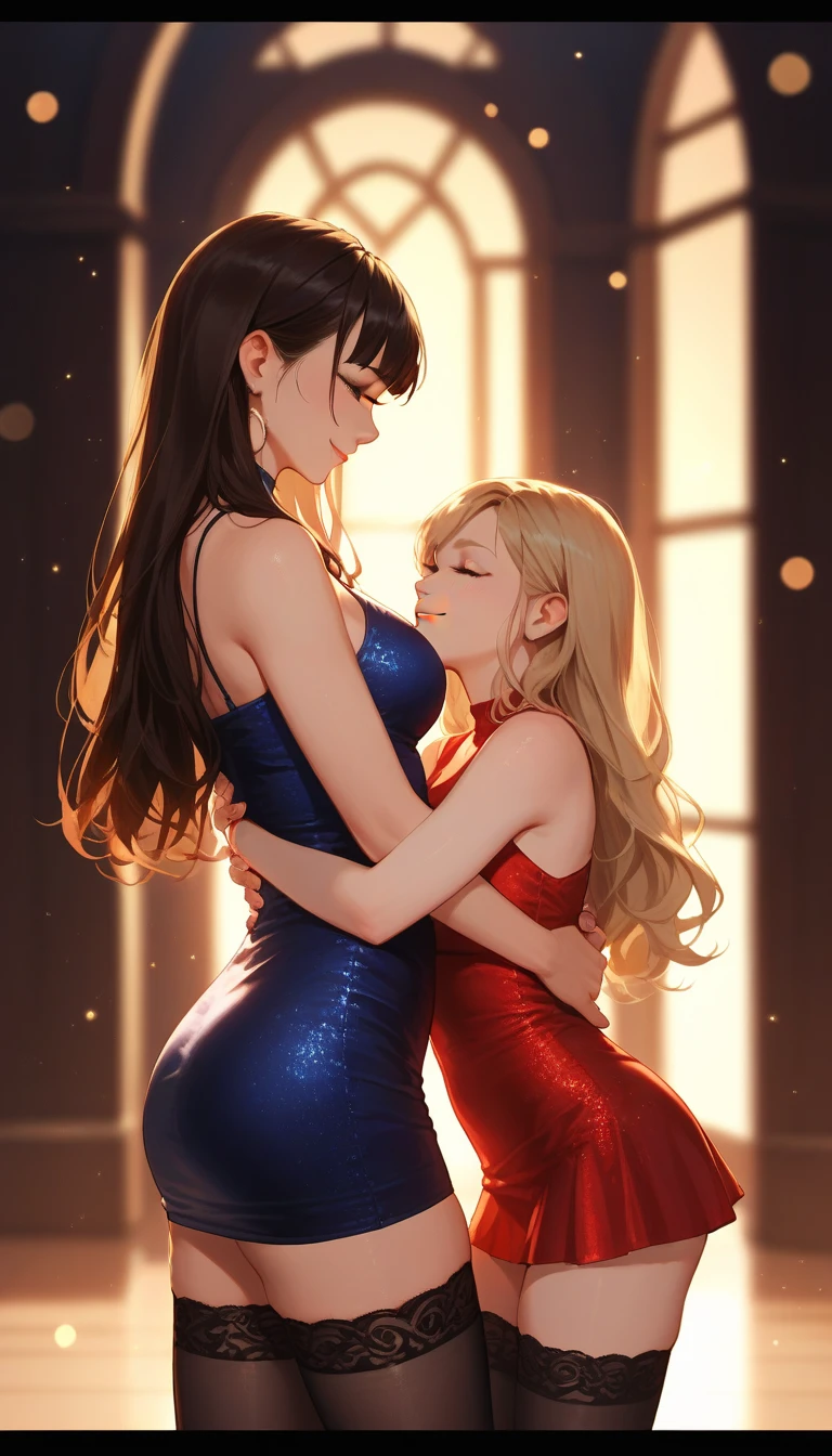 Body position: Standing, straight, symmetrical, barefoot, Lustful smile on face with red blush, 2 girls who gets married and stands in front of many people, kissing