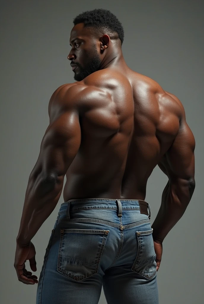 Black muscular man, with Penile bulge showing through the pants, On your back, looking back, big butt