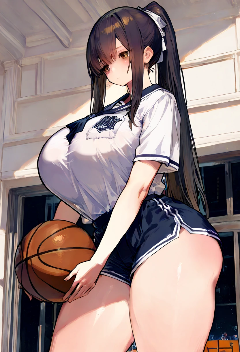 (gigantic breasts), (vulgarity)) ((large areolae)) (1girl), (vulgarity) (in heat) (sweat) (masterpiece) (high resolution)) (gigantic breasts),(1girl) beautiful girl,(cameltoe)(((gigantic breasts))),Basketball player a cartooned woman wearing a basketball jersey is holding a basketball in mid air, breasts, covered nipples, gigantic breasts, basketball, cameltoe, thighhighs, arms up, long hair, black hair, skirt, huge breasts, sportswear, skindentation, 1girl, partially visible vulva, solo focus,1girl, playing basketball, basketball court