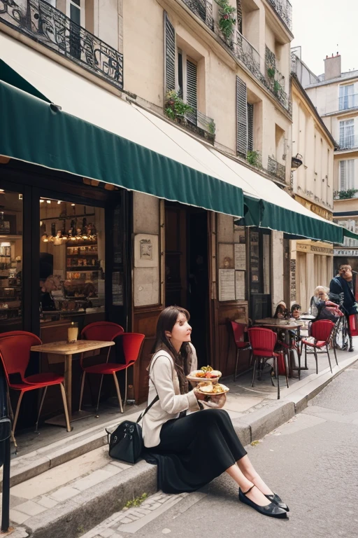 A lively outdoor café in Montmartre, with patrons seated at small round tables under striped awnings. Artists work at easels nearby, capturing the colorful atmosphere. Bright dresses, vivid flowers, and animated conversations blend into a vibrant tapestry of Parisian life.