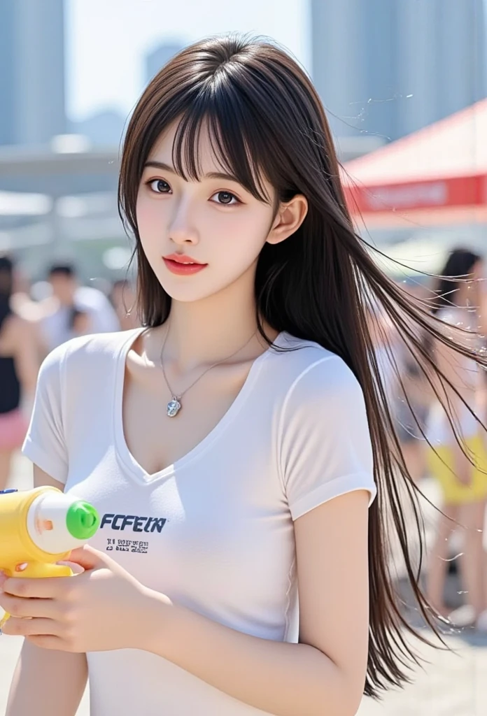 ((1girl)), in see-through Crop-top, instant camera flash, pose at Chiang Mai Street, summer time, summer street food, makeup with glossy lip, small breasts, (girl in street:1.4), various angle, ((face focus)), 22 years old, Beautiful Japanese Girl, random pose, (nsfw:1.4), realistic light, realistic skin tone, Crowd, full of people with colorful shirt, people playing water gun, water splash, ((people are wetting)), ((raining))