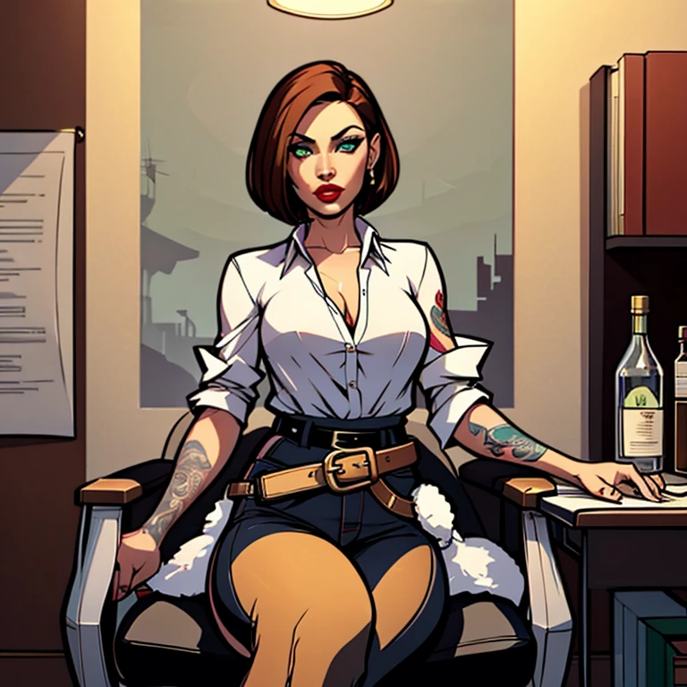 1 asian woman, spy, elegantly dressed, smirk, short black hair, holding wine and knife, ( methurlant) comic, y2k animation, hq, intricate detail, high quality, smooth, (masterpiece, best quality), tattoos, sitting at bar,