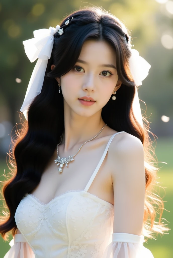 Fashion model 18 years old [[[[closeup cleavage]]]], [[[[boobgasm]]]], [[[[coll]]]], [[[[bshoulders]]]], perfect  eyes, Perfect iris，Perfect lips，perfect teeth，Perfect skin，Long face，slender nose，with fair skin，Soft front light，hdr，Movie girl，Casual，long whitr hair，Long hair with a shawl，The background is outdoors，Green trees and flowers（pastel colour：1.2）