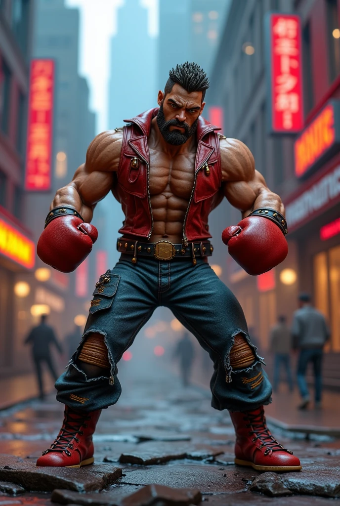 ((best quality)), ((ultradetailed)), ((masterpiece)), photograph, scene: spacious abandoned warehouse, theme: anthropomorphic animal mafia, character: buffalo, appearance: muscular build, action: combat stance, expression: fierce, holding a baseball bat, gold necklace, upper body bare, sporting mafia tattoos, perspective: 4K.