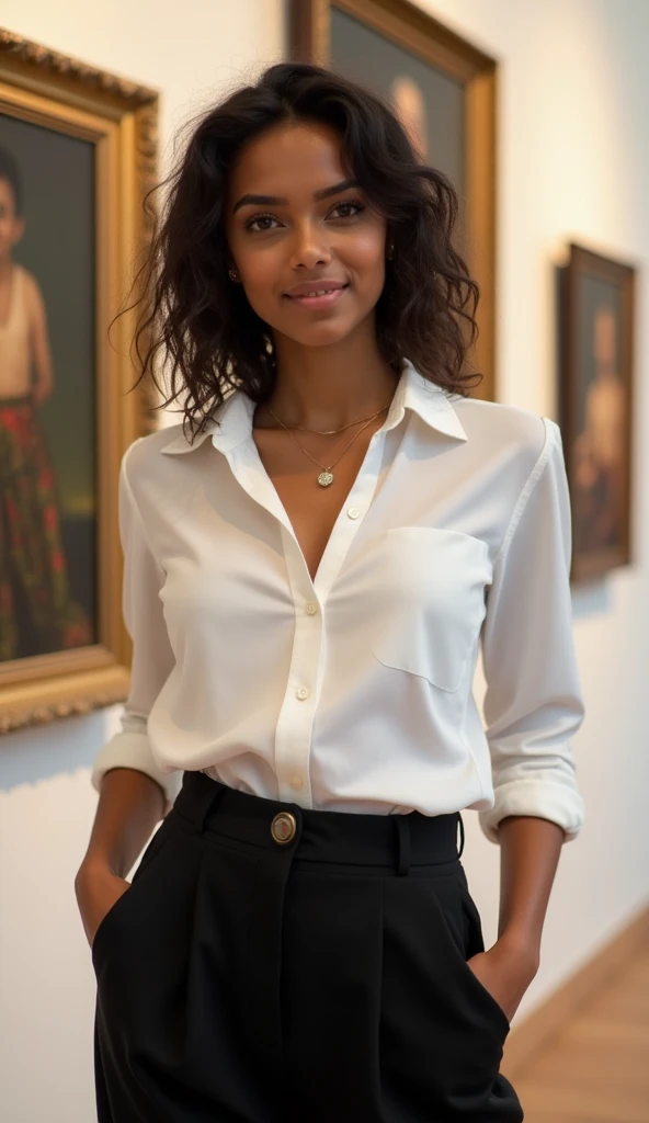 masterpiece photo, upper body photo of woman, gorgeous nora_ant, brown skin, short haircut, smiling, looking in camera, intricate brown skin texture, white linen shirt, intricate black ((skin pores)), strong side light, soft back light, high contrast, hard focus, intricate iris details, sharp focus on perfect glossy eyes, cinematic lighting, sharp focus, skin texture