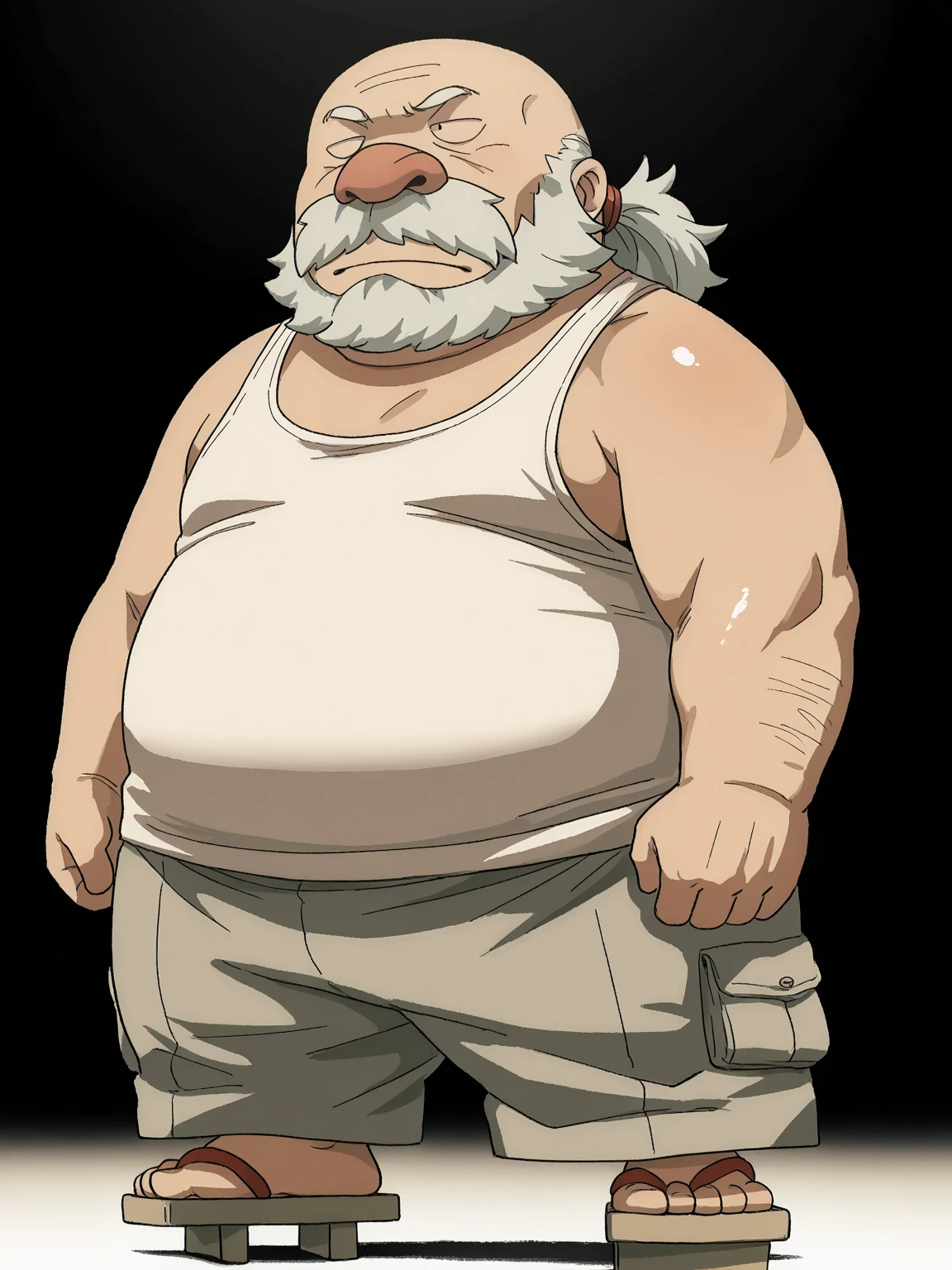(((One Japanese old man))),長い眉毛,長い白髪,ponytail,long hair,((ぽっちゃりの丸顔))),big round nose,full body,great quality, old man ,Shiny skin,White baggy tank top,Beige baggy cargo pants,beard,geta,round body,fat,thick arms,hair tuft,male,round face,droopy eyes,oversized head,short legs,broad snout,fat,black eyes,masterpiece, 8k, high detail, f/1.8, 135mm, Nikon, UHD, retina, masterpiece, curate, anatomically correct, textured skin, super detail, high details, high quality, best quality, highres, 1080P, HD, 4K, 8k