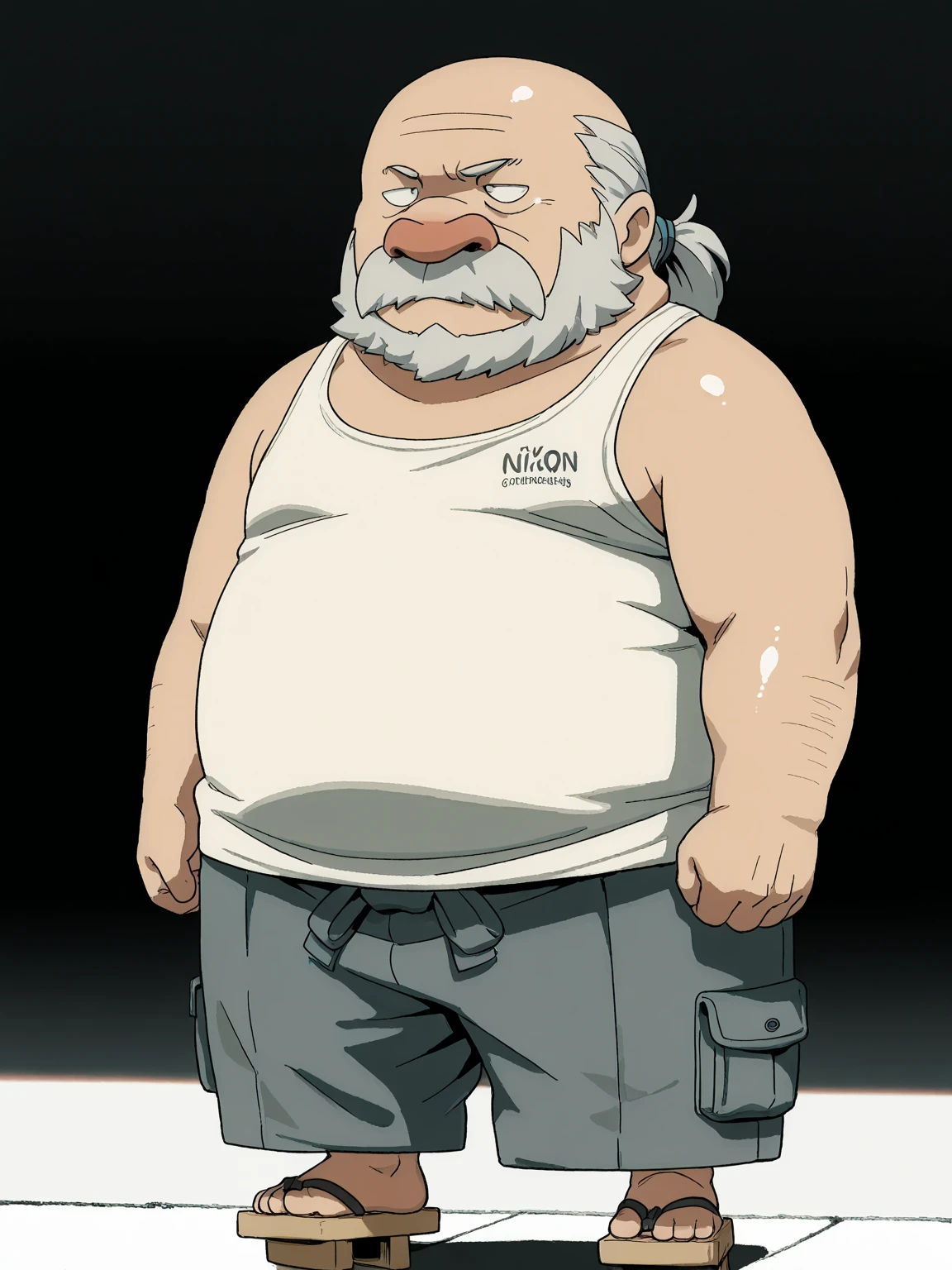 (((One Japanese old man))),長い眉毛,長い白髪,ponytail,long hair,((ぽっちゃりの丸顔))),big round nose,full body,great quality, old man ,Shiny skin,White baggy tank top,Beige baggy cargo pants,beard,geta,round body,fat,thick arms,hair tuft,male,round face,droopy eyes,oversized head,short legs,broad snout,fat,black eyes,masterpiece, 8k, high detail, f/1.8, 135mm, Nikon, UHD, retina, masterpiece, curate, anatomically correct, textured skin, super detail, high details, high quality, best quality, highres, 1080P, HD, 4K, 8k