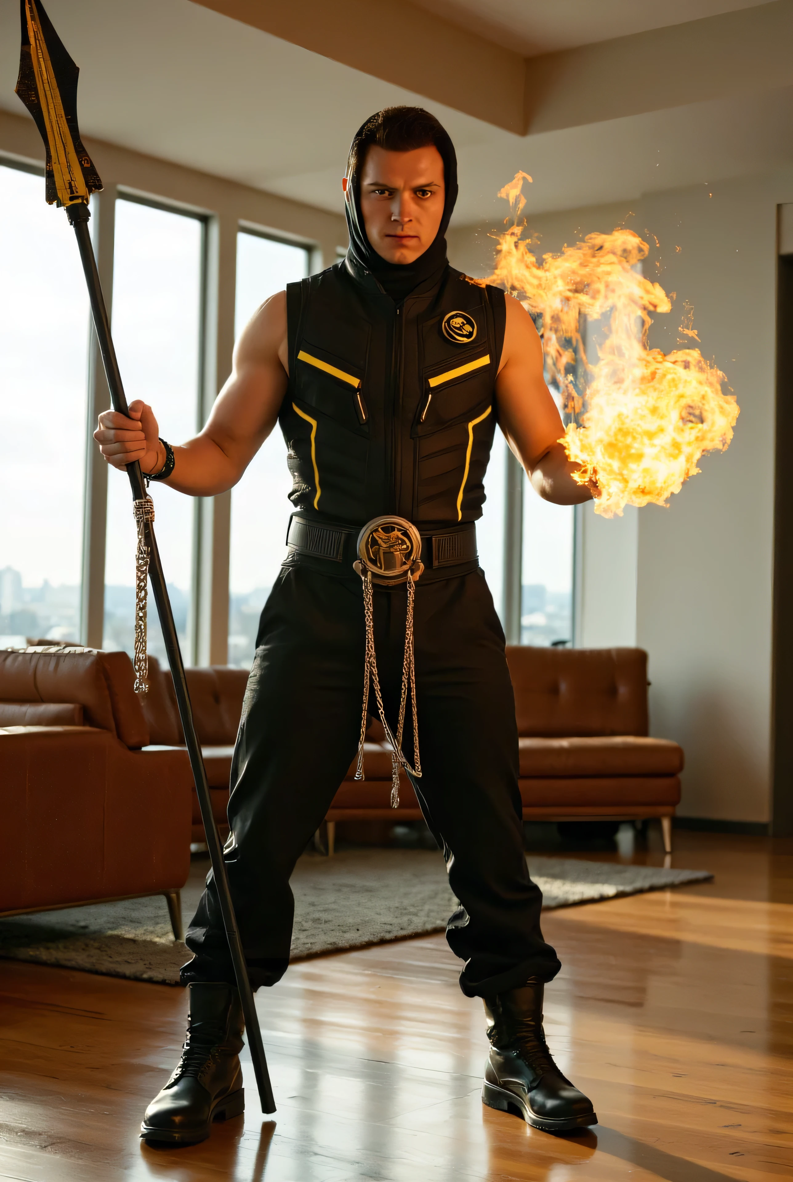 “A high-resolution image of a Scorpion-inspired character, transformed from Tom Holland, in the same sunlit modern lounge with glossy wooden floors, leather sofa, and large city-view windows. He’s in a battle-ready Mortal Kombat outfit: a fitted, sleeveless black tactical vest with yellow stitching, revealing toned arms and subtly outlining his chiseled chest and abs through the tight fabric, paired with high-waisted black combat pants with yellow accents, fully covering the groin. A yellow chain belt with a glowing emblem cinches his waist, and he wears black combat boots with yellow trim. His face is partially covered by a yellow ninja mask, leaving intense eyes visible. He holds a glowing spear attached to a chain, raised aggressively. Tall and muscular (190cm+), with defined arms and long legs emphasized. He’s in a powerful combat pose, one leg forward, staring at the camera with a fierce, confident expression. Intense yellow flame particles and a pulsing black aura surround him, with fiery trails for a dramatic effect. Shot from a slightly low angle to enhance his towering presence. No runway elements. 톰 홀랜드 / Tom Holland written on the right side.”