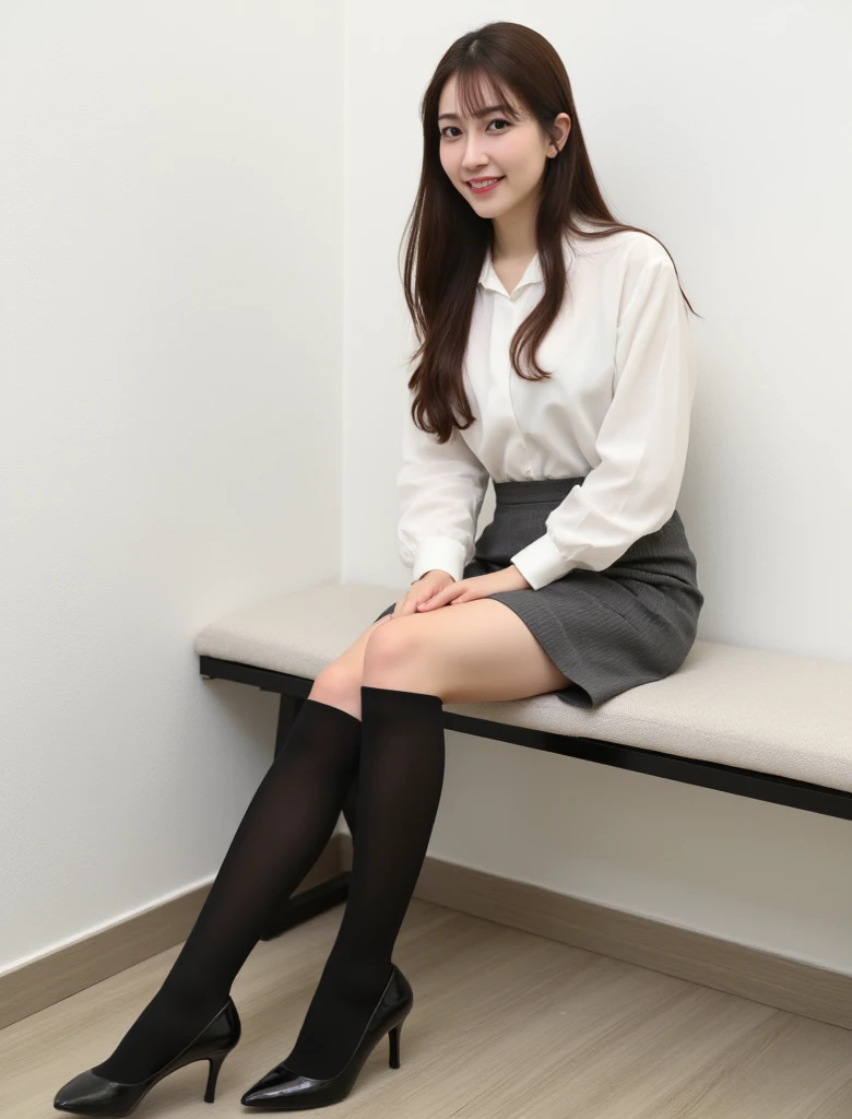 8K, Ultra-high resolution, Highest quality, masterpiece, 三分割法によるphotograph,Surreal, photograph, 1 girl, (16 years old:1.3), pretty girl, Cute face, Beautiful eyes in every detail, 細かくdetailedに,masterpiece,, One Girl:1.2, Japan Female Announcer,whole body,Low angle view,Young Wife,A woman sitting on a sofa,White blouse with collar,Black Pencil Skirt,Black Stockings,Black high heels、Full of cleanliness,A carefree smile,Healing the heart,Semi-long layered hair,Looking at the audience、beauty,Long neck、Laugh a little、Please close your mouth and laugh、(((Ideal body type))),A-cup small breasts :2,、Portraiture:2、Perfect Anatomy、鮮明なdetailed、detailed、Surreal、Light and shadow,Strong light