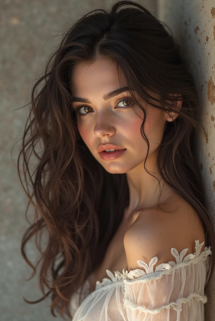 fotografia of a stunning girl, vestindo um top decotado, (((busto muito pesado))), cabelo ondulado, sentado nas pedras, ao lado da praia, looks at the camera, symmetrical eyes, Symmetrical face, Fotorrealista, fotografia, rastreamento de caminho, specular lighting, volumetric face light, hair traced along the way, visible shadows, intricado, elaborar, hiper-realista