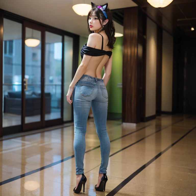 ((Full body image,一个未来风格的女孩facing away着镜头、long brown hair、With a high ponytail,Blue plastic textured clothes and skirts,pantyhose,dynamic poses,Black background,square floor tiles,ring of lights,Perspective drawing)), tights,miniskirt,pantyhose,High heel,facing away,Walk,