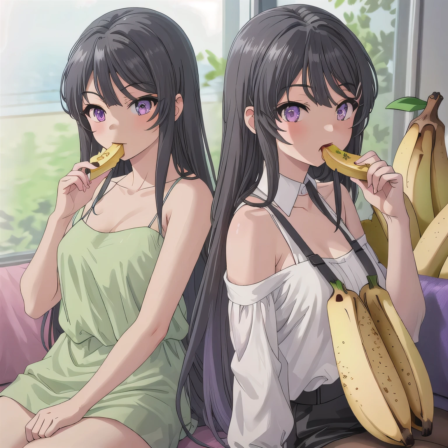 She is holding a banana with its peel partially removed, revealing the white fruit inside. She is eating the exposed white part. Long hair, black hair, purple eyes.