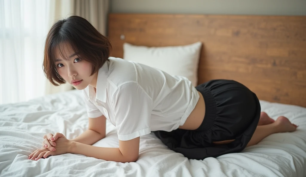 arafed asian woman in a white cropped tshirt and black skirt posing for a picture, thin asian model, tiny waistline, sultry body with sexy belly, ((massive breasts|huge breasts|tight white cropped tshirt|short sleeves)), 2 4 year old female model, ((black skirt|cotton skirt|studs)), beautiful alluring teen, model with attractive body, gorgeous young korean woman, gorgeous young model, young sensual graceful, gorgeous chinese model, sporty physique, ((curly bangs)), ((very dark short hair)), ((black hair in a rough shag)), wavy hair, (masterpiece:1.3), high resolution, ((sensual olive skin)), ((rich golden lighting))
