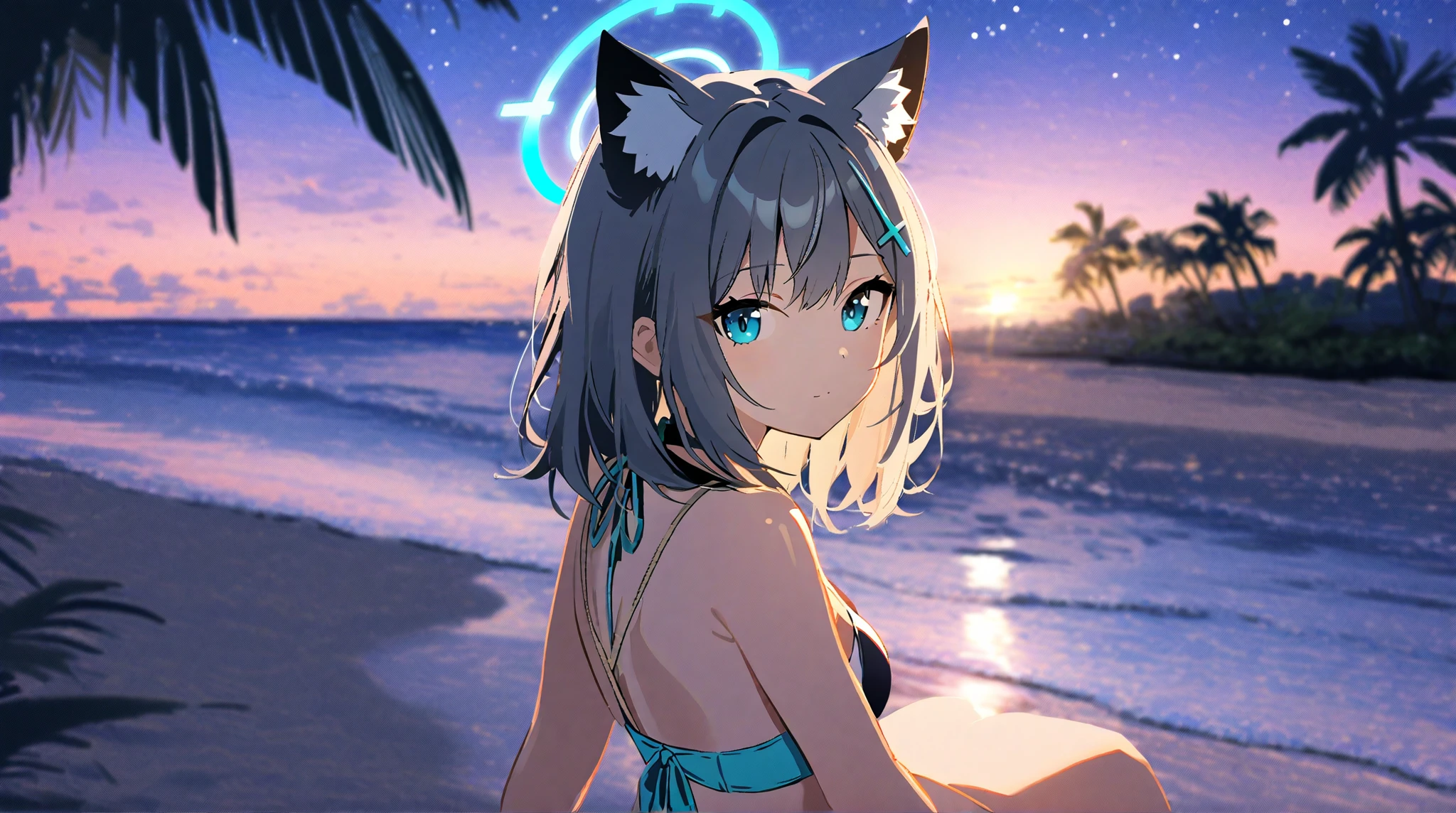 A few girls、appearance々Types of swimwear、appearance々Swimwear in different colors、appearance々Types of hairstyles、appearance々Hair color、appearance々Eye color、They're as flat as planks。They have flat breasts。Flat、They are very thin and petite.、short、The chest is considered flat、poor breasts、slight chest、faint breasts、modest chest、loli、Vivid Color、Colorful、Amazing starry sky、Girls pointing at meteors、Humanoids in fantasy worlds、Cat girl、Fox Maiden、Slime Girl、Harpy Girl、Shallow moonlit pool、Dim lighting by the pool、Illuminated Pool、Rooftop pool of the building、They are sitting by the pool and looking up at the starry sky happily、Angle from the ground by the pool、Angle from low、snapshot、Detailed depiction、