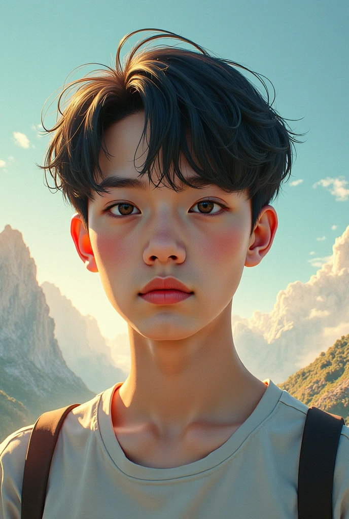 movie still, boy,  (close-up:1.1), bright, happy, fun, warm soft lighting, sunset, sparks,blue sky,black hoodie