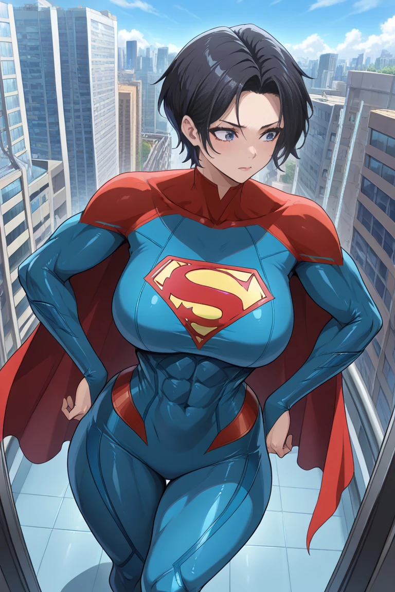 photo of mlp Meowko, RAW, beautiful woman, ((portrait)), ((detailed face:1.2)), ((anime face, anime facial feature, beautiful anime mouth, clear skin, clear skin), (short messy lesbian haircut, one shaved side, brunette: 1.55), (perfect proportioned body, Strong, muscular, narrow waist, narrow hips, skinny, large breasts), ((she wears a flawless Supergirl, simple smooth seamless blue Supergirl costume with short pleated red skirt and cape)), (high detailed city environment, rooftop, (realistic photo, best quality, detailed), (8k wallpaper), (cinematic lighting, beautiful light, (day:1.3)) (sharp focus, intricate)