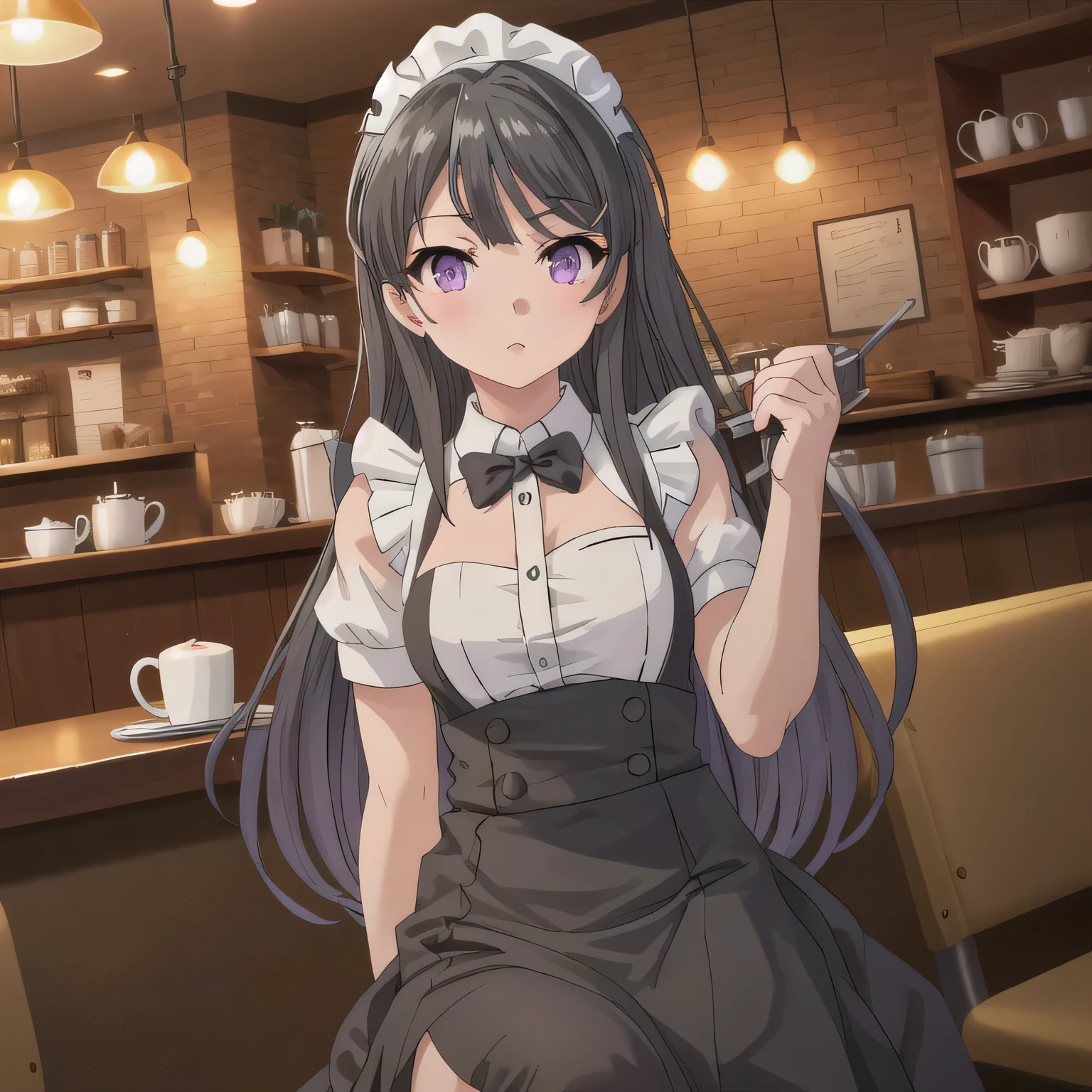A girl is working as a waitress in a cozy cafe. She's wearing a classic maid outfit. The air feels warm and calm, and it's like you can almost smell the coffee through the picture. Long hair, black hair, purple eyes.