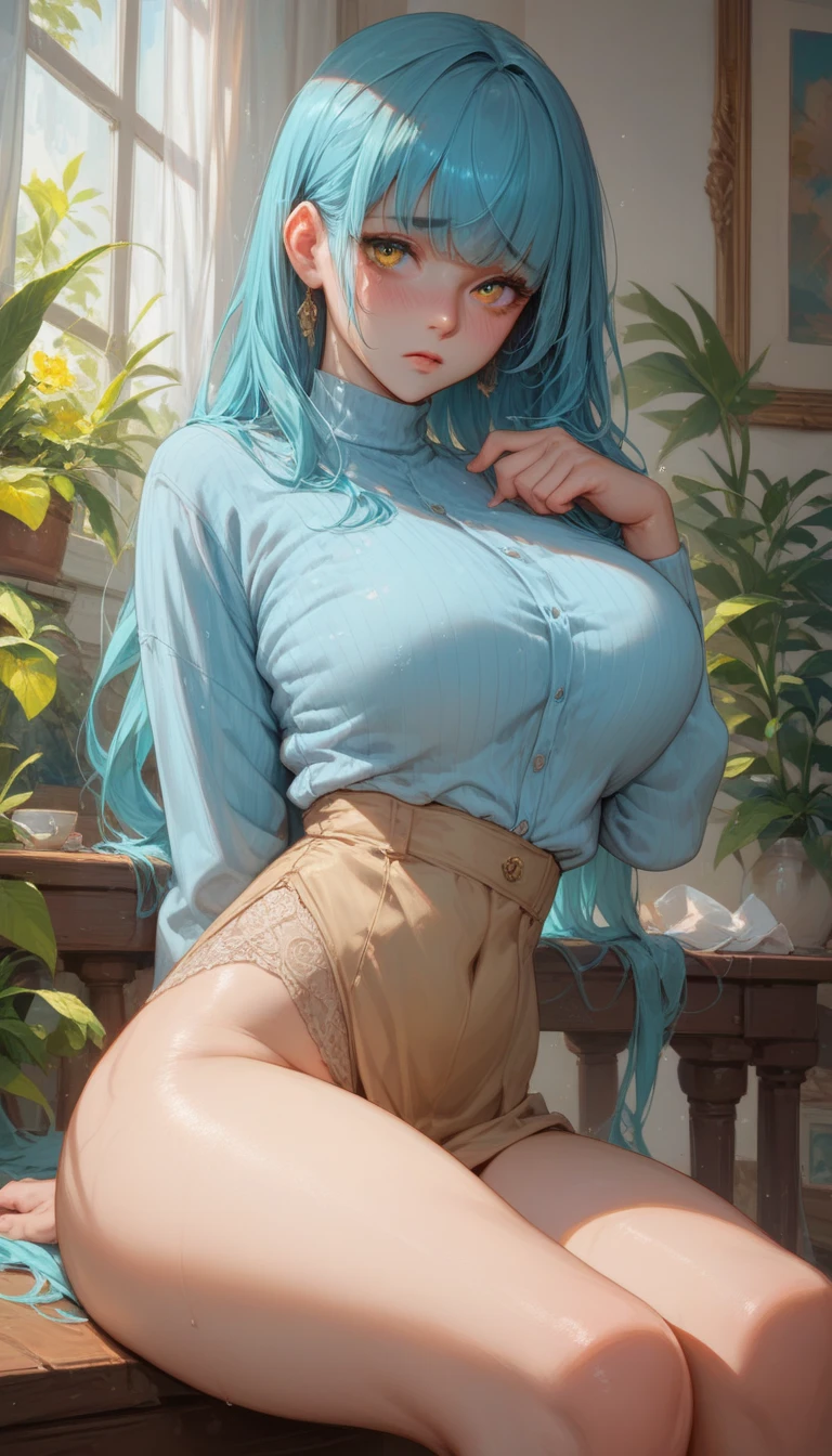 8k, high detailed picture, (plump smiling lips:1.1), look at you, perfect medium breast, mouth is wide open, thin and elegant hands, neat palms, perfect hands, holds his hands behind his head, neat feet, eyelashes, curvy girl, long legs, tight micro skirt, blue skirt, belt, very long light cyan hair, big luminous aqua eyes, full body shot, hatsune miku, topless