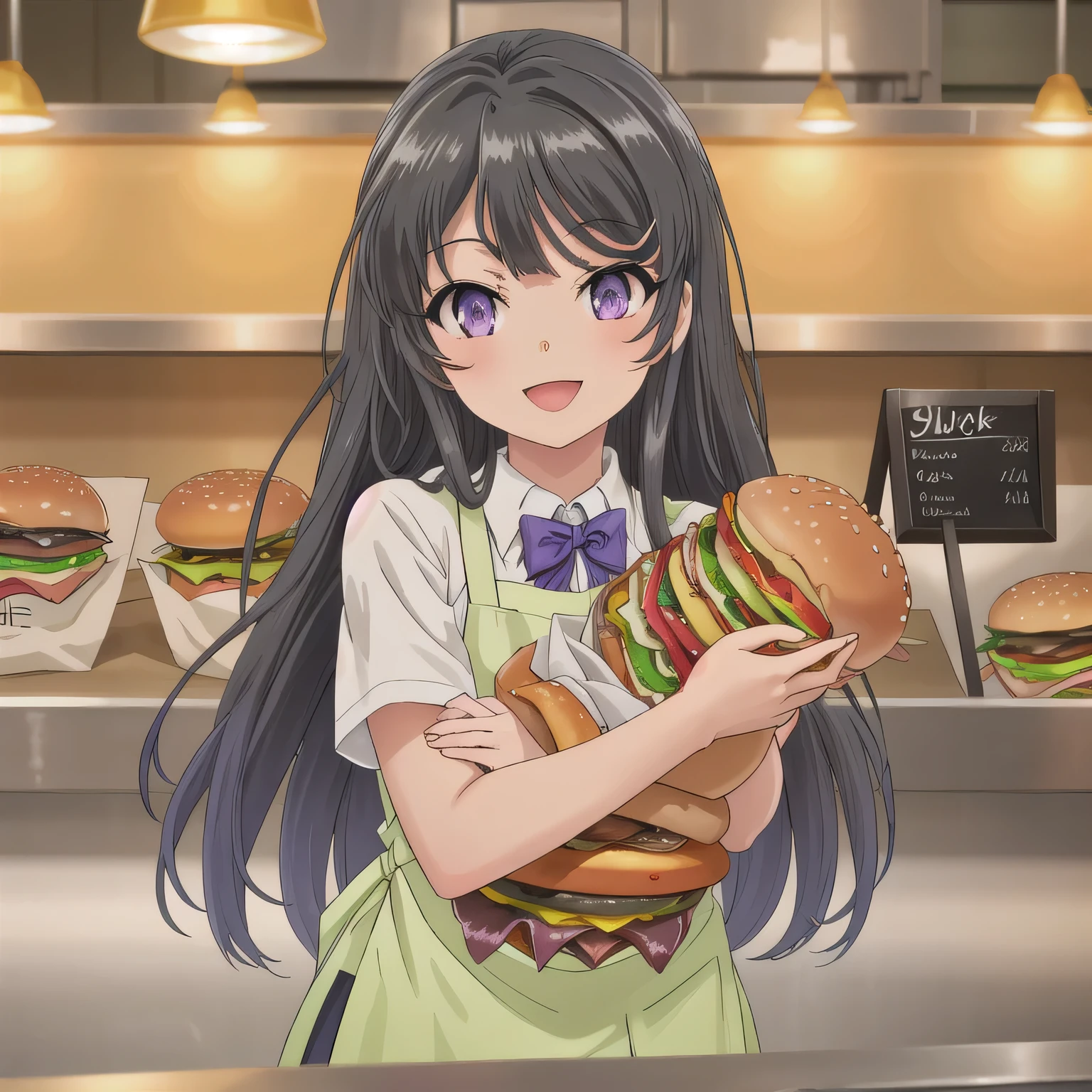 She is a cheerful girl working behind the counter at a cozy burger shop. She is wearing a cute burger shop uniform and smiling warmly at the customers. The background shows a bright and clean fast food counter with menu boards. Long hair, black hair, purple eyes.