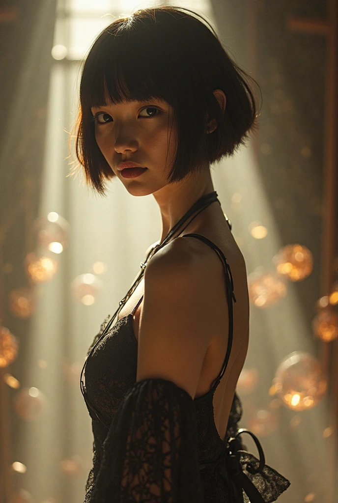 (Best quality, 8k, 32k, Masterpiece, UHD:1.2), "Produce a captivating art piece featuring a girl with a stylish bob haircut, illuminated by dramatic and cinematic lighting that accentuates the contours of her face and hair. Create an atmosphere that exudes intrigue and depth, with shadows and highlights playing a central role in defining the scene. The lighting should emphasize the girl's features and add an extra layer of drama to the composition, making it visually striking and evoking a sense of mystery and allure."