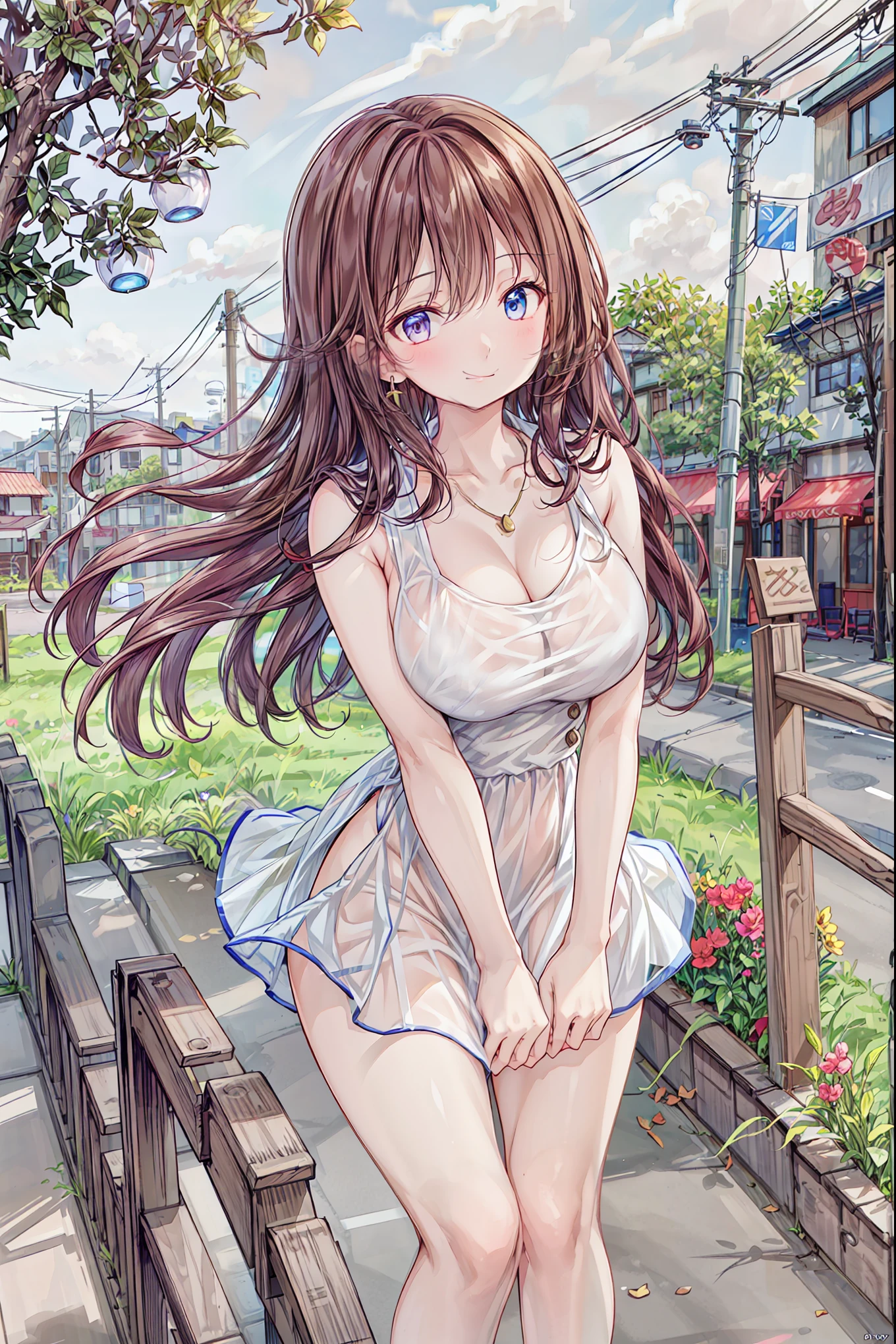 masterpiece, Highest quality, High Resolution, HS1,blush、smile,NSFW、Big Breasts、On the road、Transparent dress